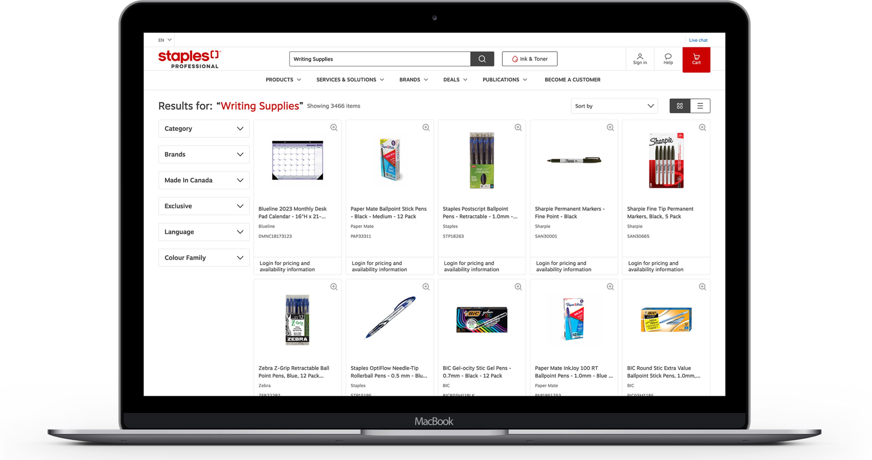 product search website interface of staples
