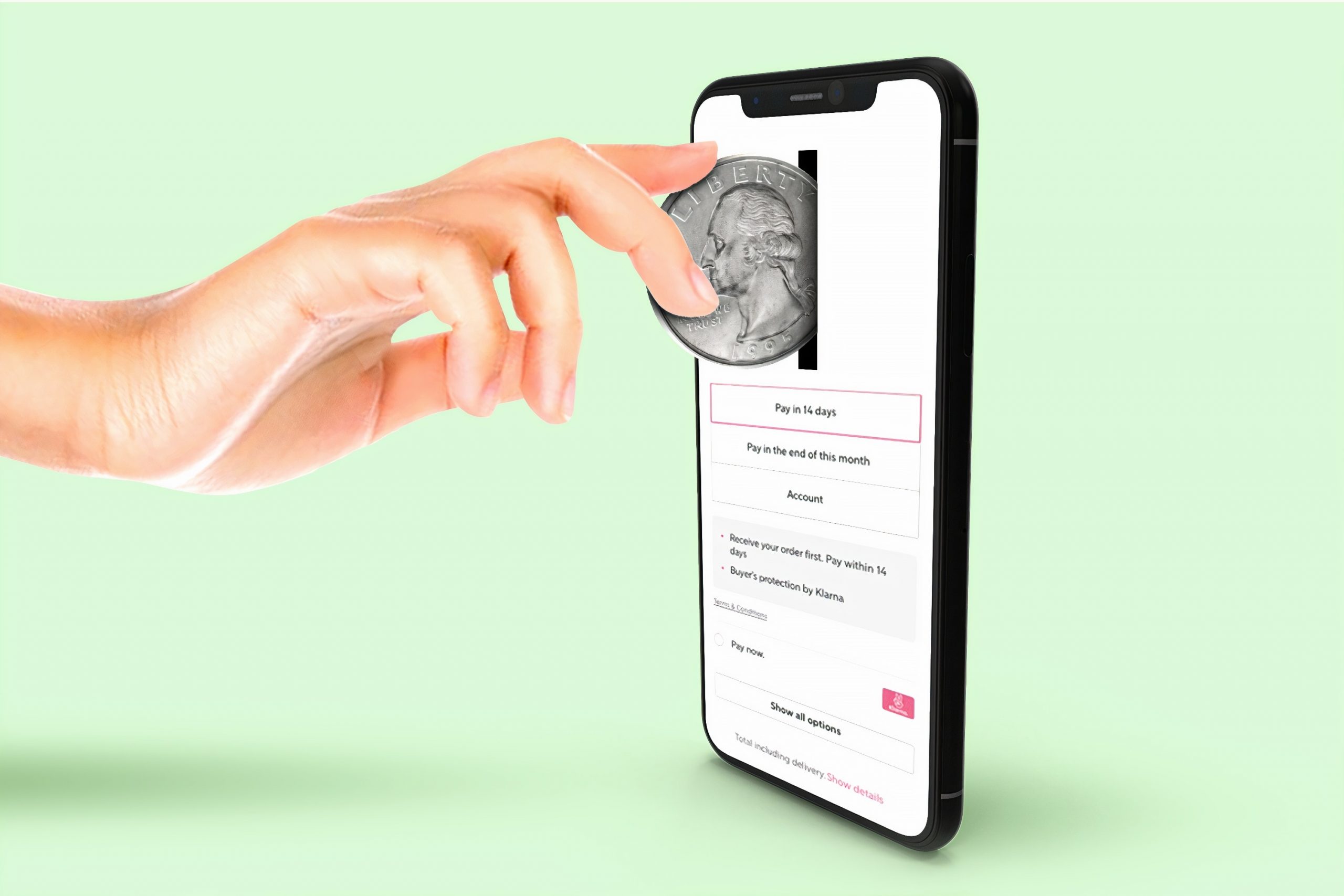 A graphic of a hand putting a coin inside a smartphone