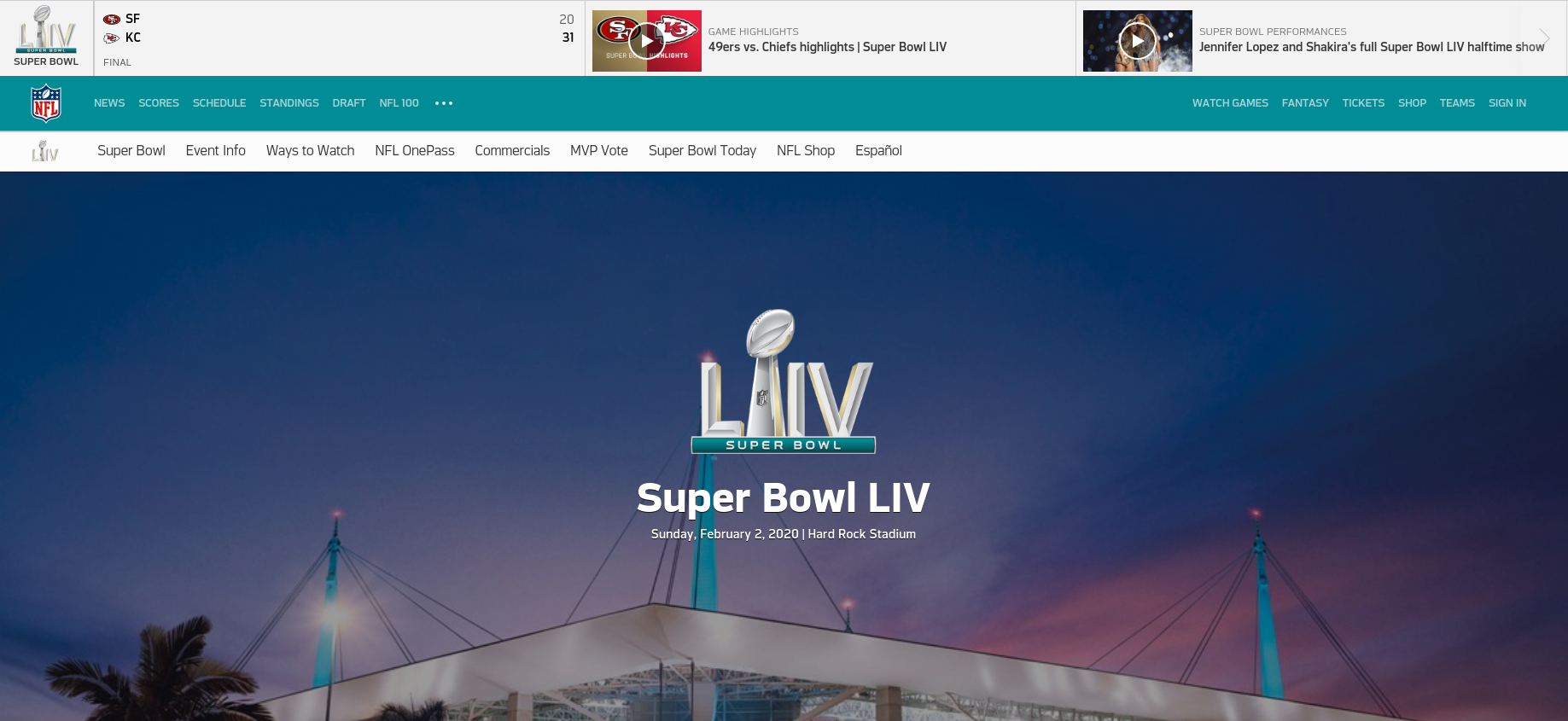Screenshot of Super bowl website