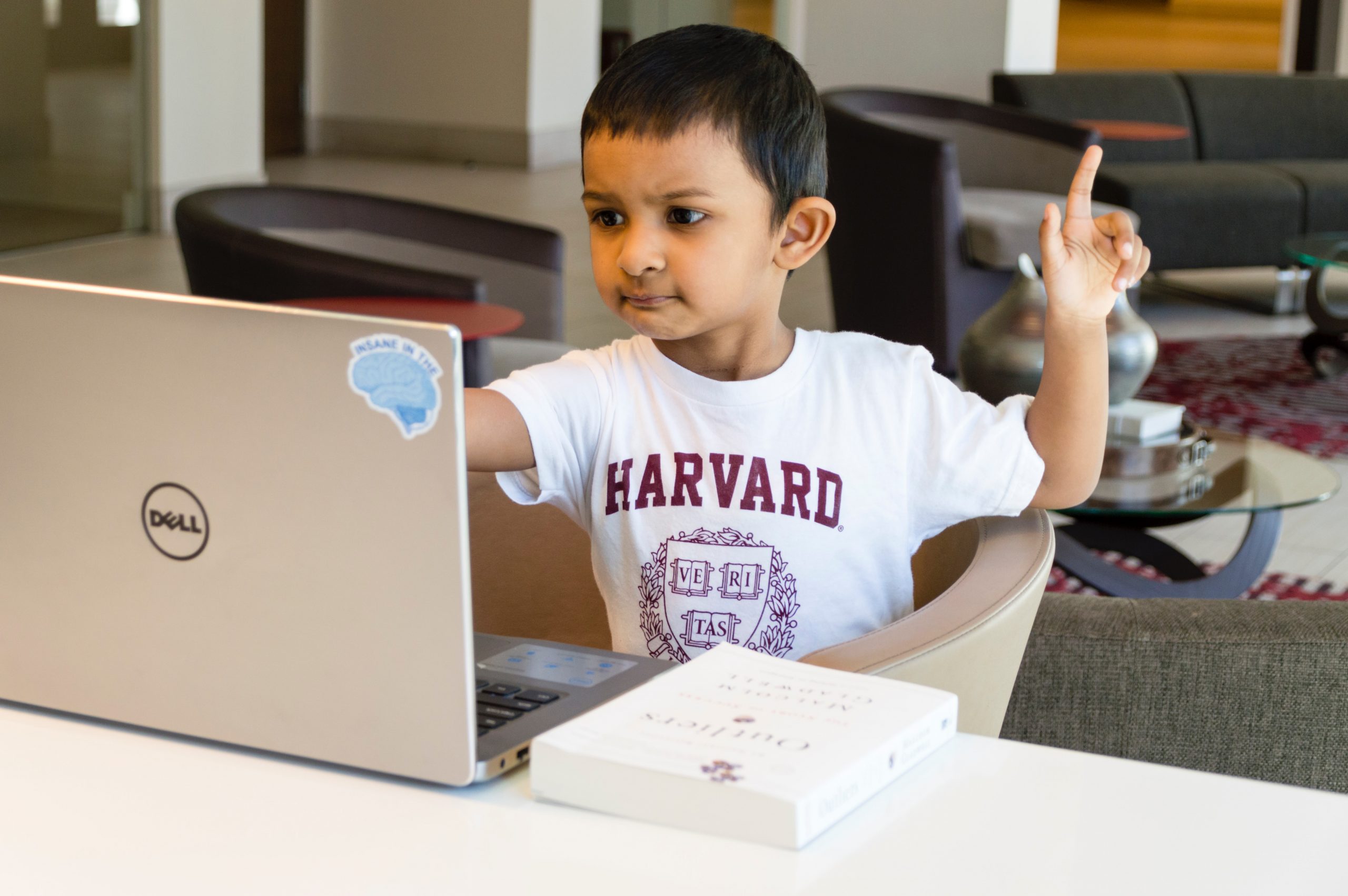 A kid in front of a laptop raising his fingering
